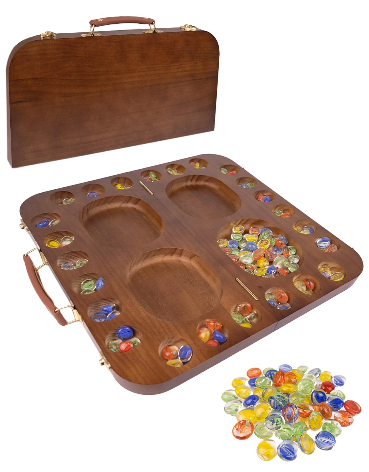 WodGod Mancala wooden board folds for easy storage and travel.