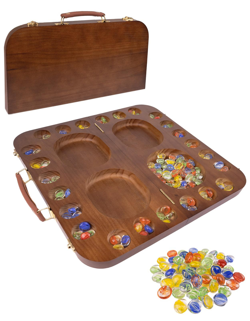 WodGod Mancala wooden board folds for easy storage and travel.