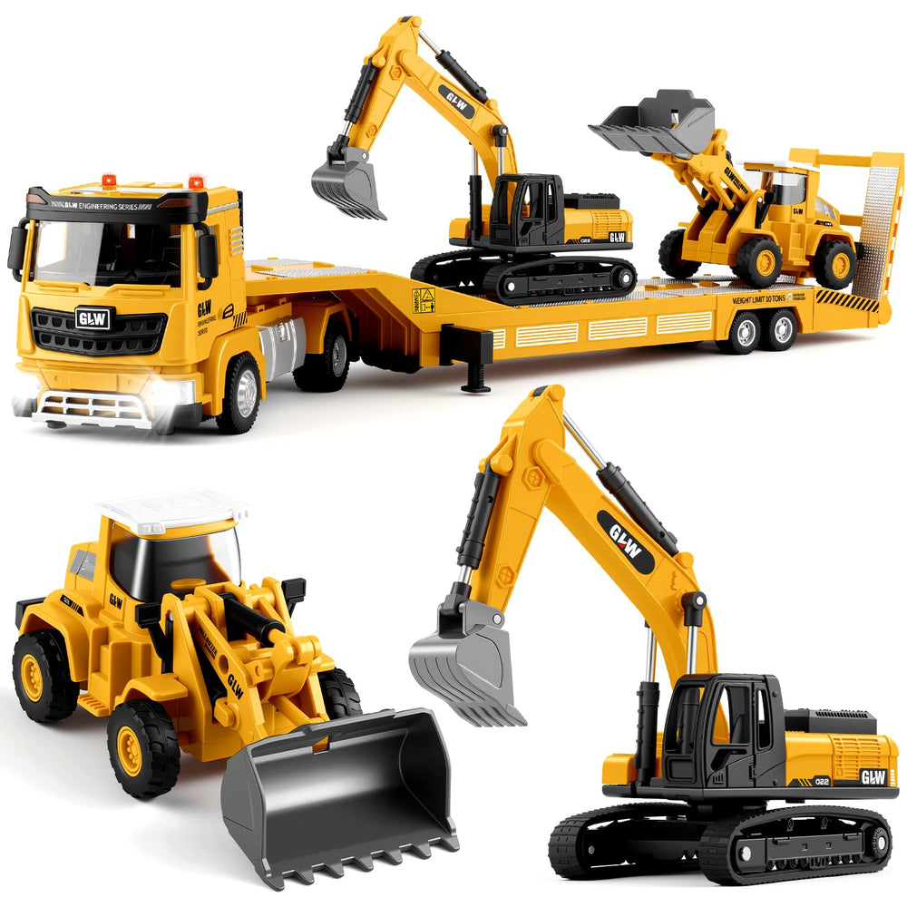 WOHEIHEI lowboy trailer with excavator and wheel loader in 1:40 scale for realistic construction play.