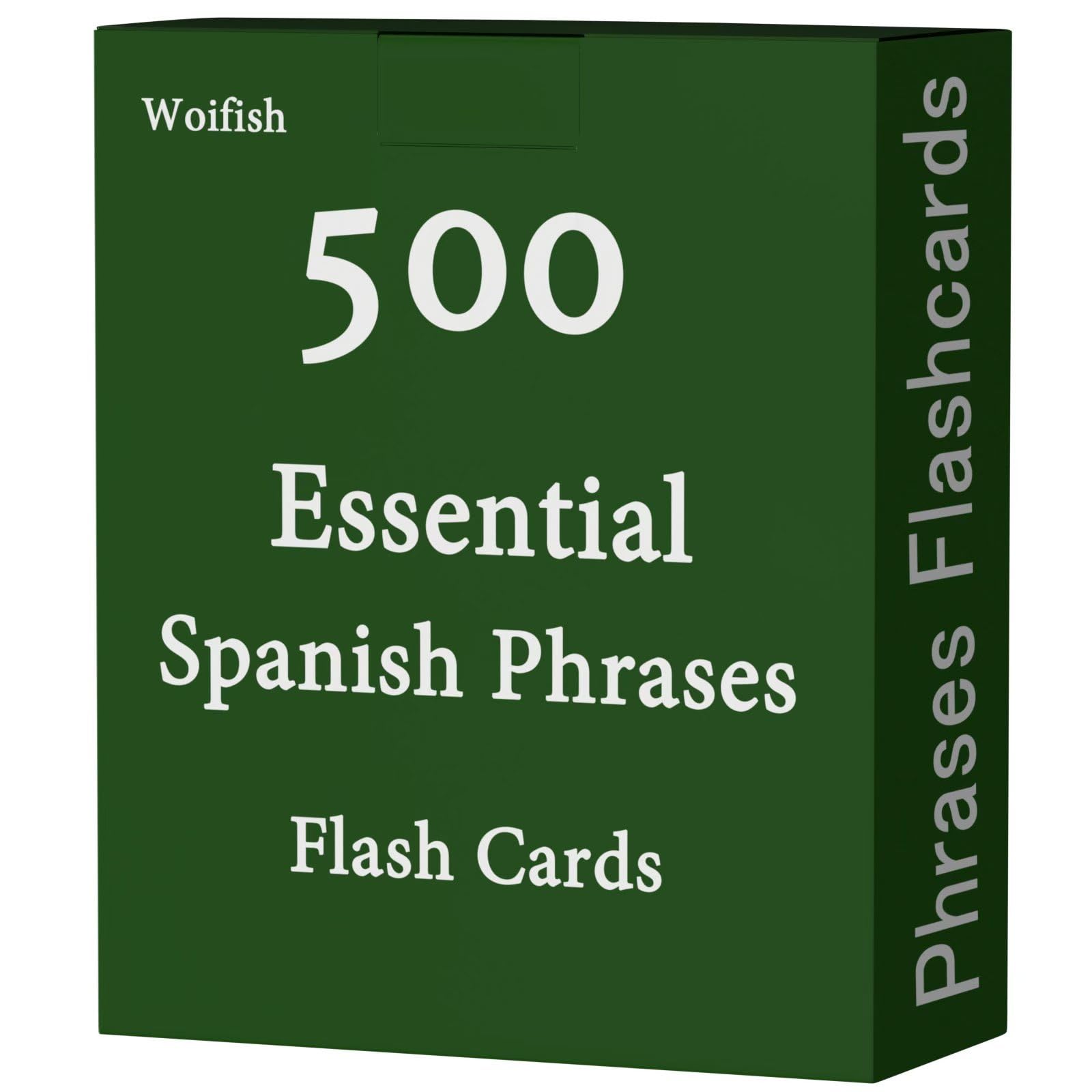 Woifish 500 Spanish Phrases Flash Cards cover image, ideal for home or classroom practice.