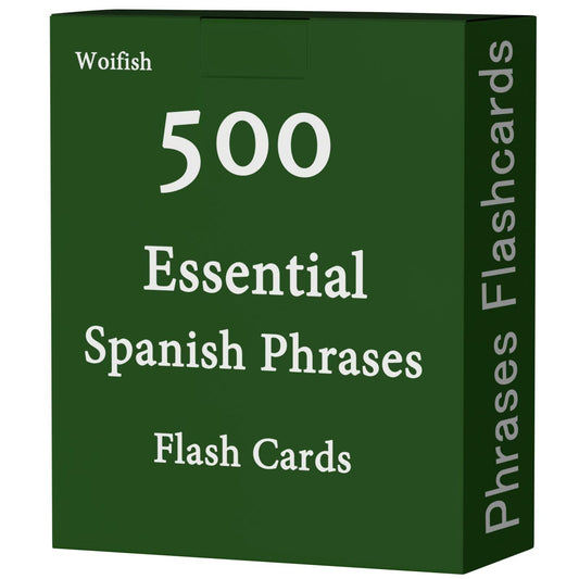 Woifish 500 Spanish Phrases Flash Cards cover image, ideal for home or classroom practice.