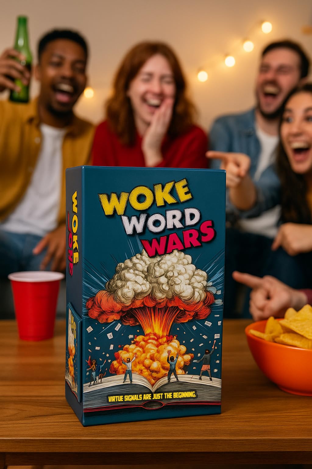 Woke Word Wars game box shows 100 prompts and 20 Trump cards for quick start.