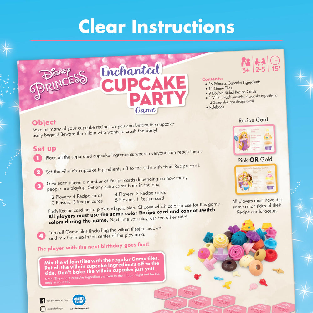 Wonder Forge Disney Princess Enchanted Cupcake Party Game two recipe cards for varied rounds.