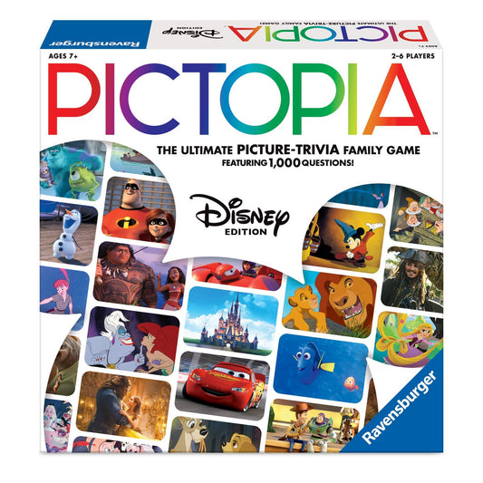 Wonder Forge Pictopia Disney Edition trivia cards spread on the table for a Disney quiz