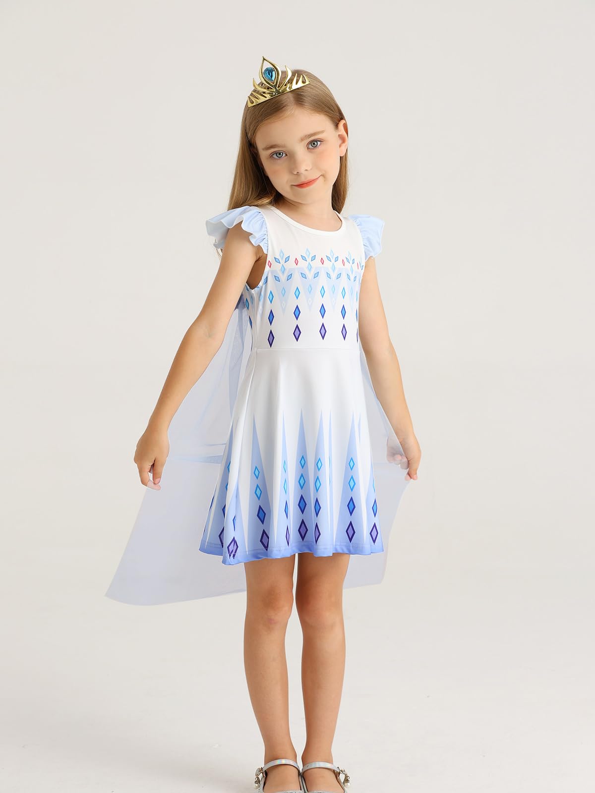 WonderBabe Snow Princess dress back view showcasing cape detail for magical costumes.
