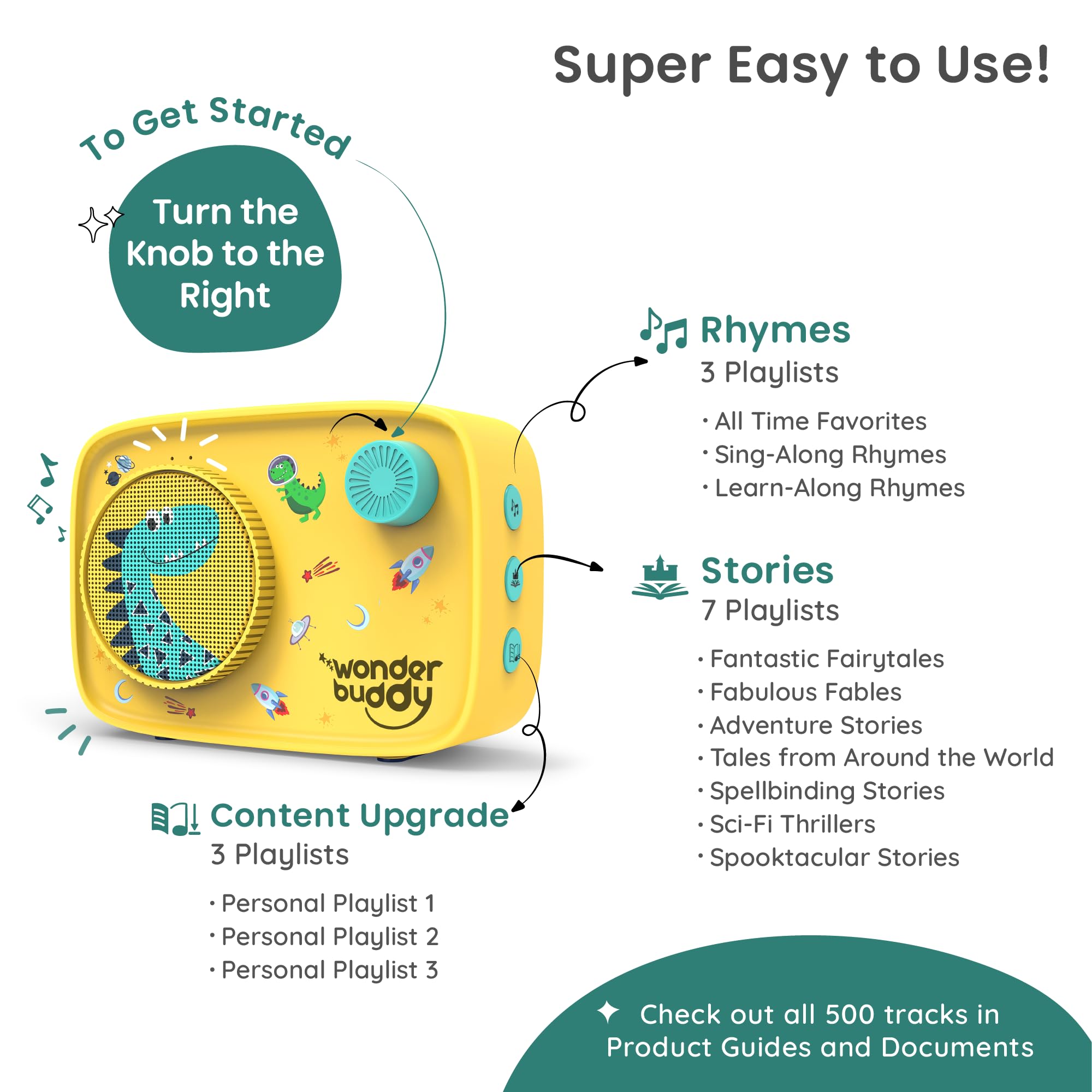 WonderBuddy Content Upgrade playlists allow personalization with favorite stories and parent recordings.