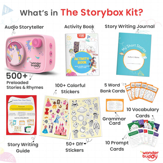 WonderBuddy Story Box contents with activity book and art kit