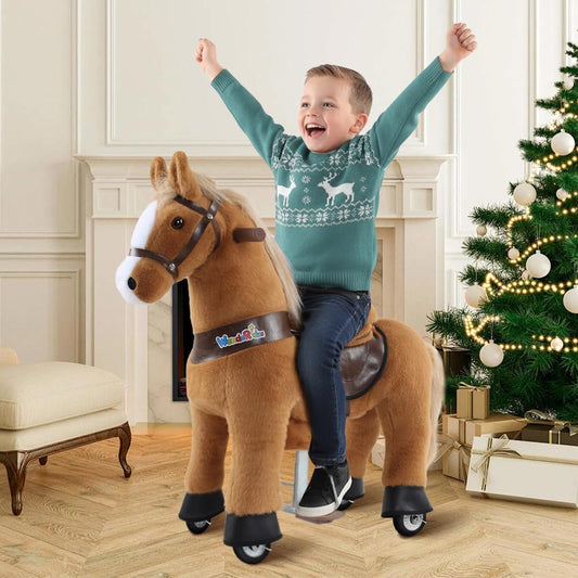 WondeRides ride-on horse front view shows plush fur and a sturdy frame for safe play