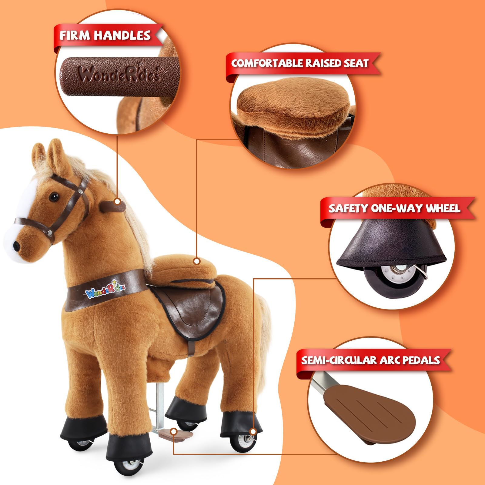 WondeRides ride-on horse pedal action demonstrates battery-free forward movement