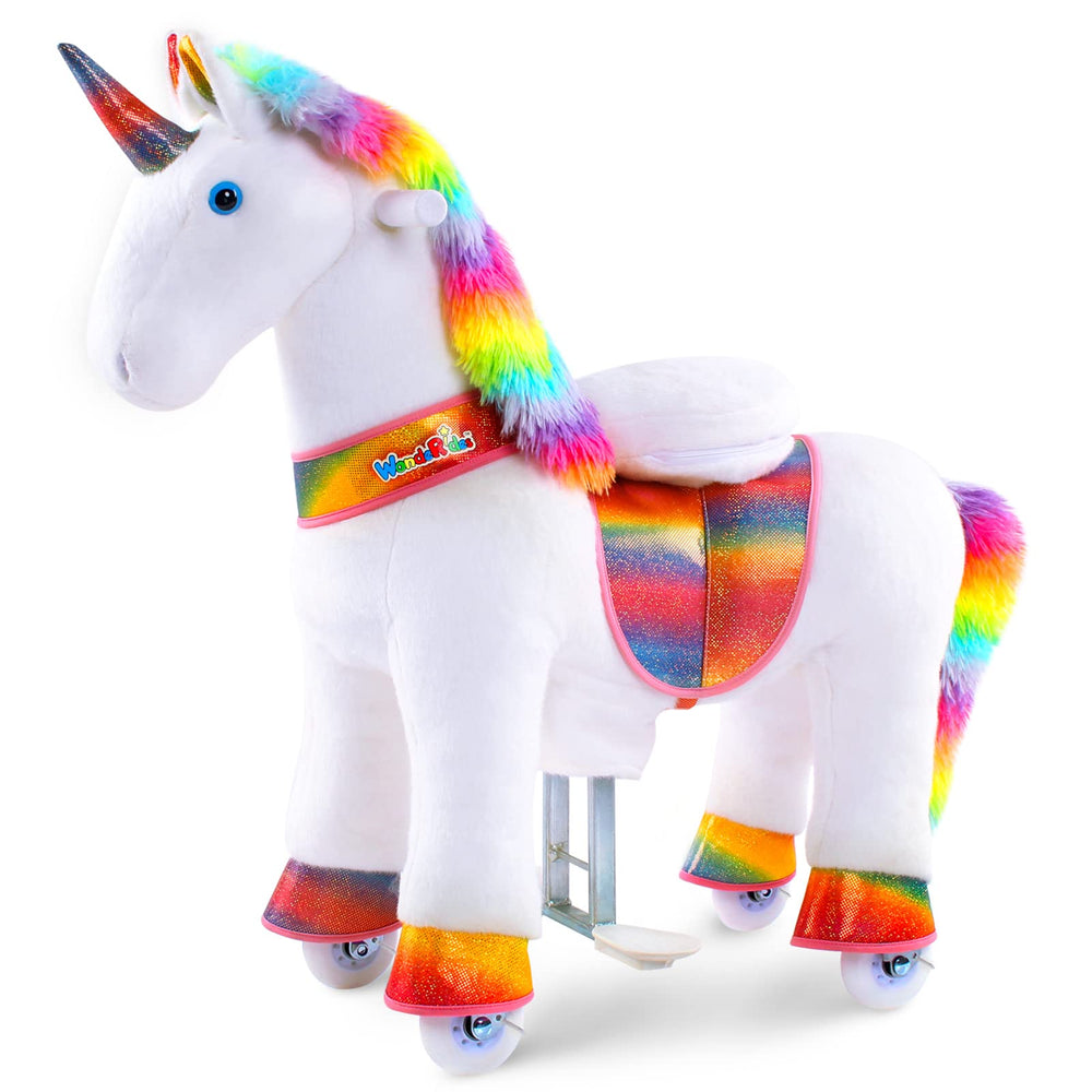 WondeRides ride-on unicorn front view shows plush fur for a soft, kid-friendly ride.
