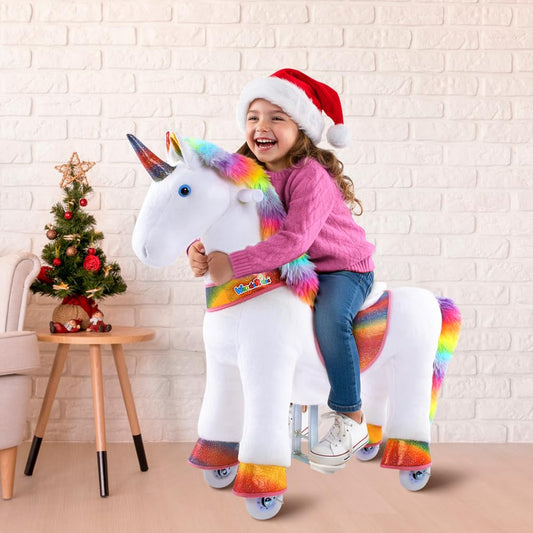 WondeRides ride-on unicorn side view highlights sturdy steel frame for safe play.
