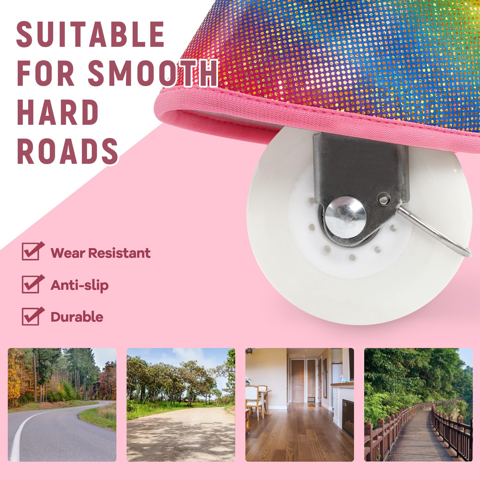 WondeRides ride-on unicorn wheels enable indoor and outdoor use on multiple surfaces.