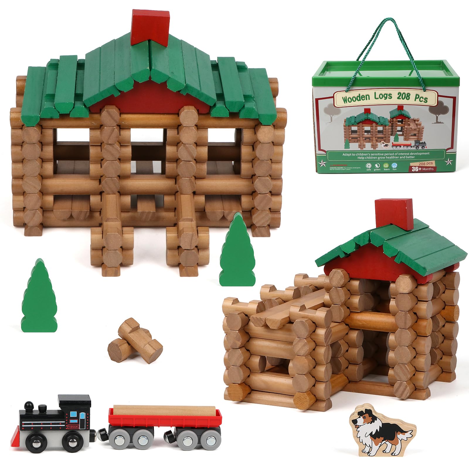 Wondertoys 208 Pcs Wooden Log Set cabin pieces for creative exploration and hands-on building fun.