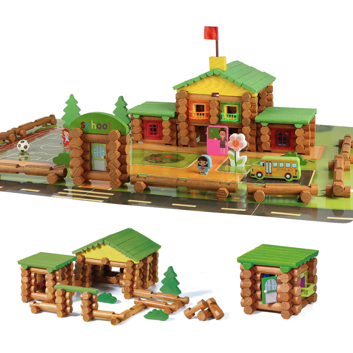 Wondertoys 269-piece wood logs set for creative building and imagination.