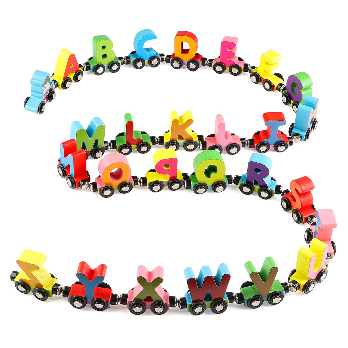 Wondertoys alphabet train head in bright colors with magnets for quick linking.