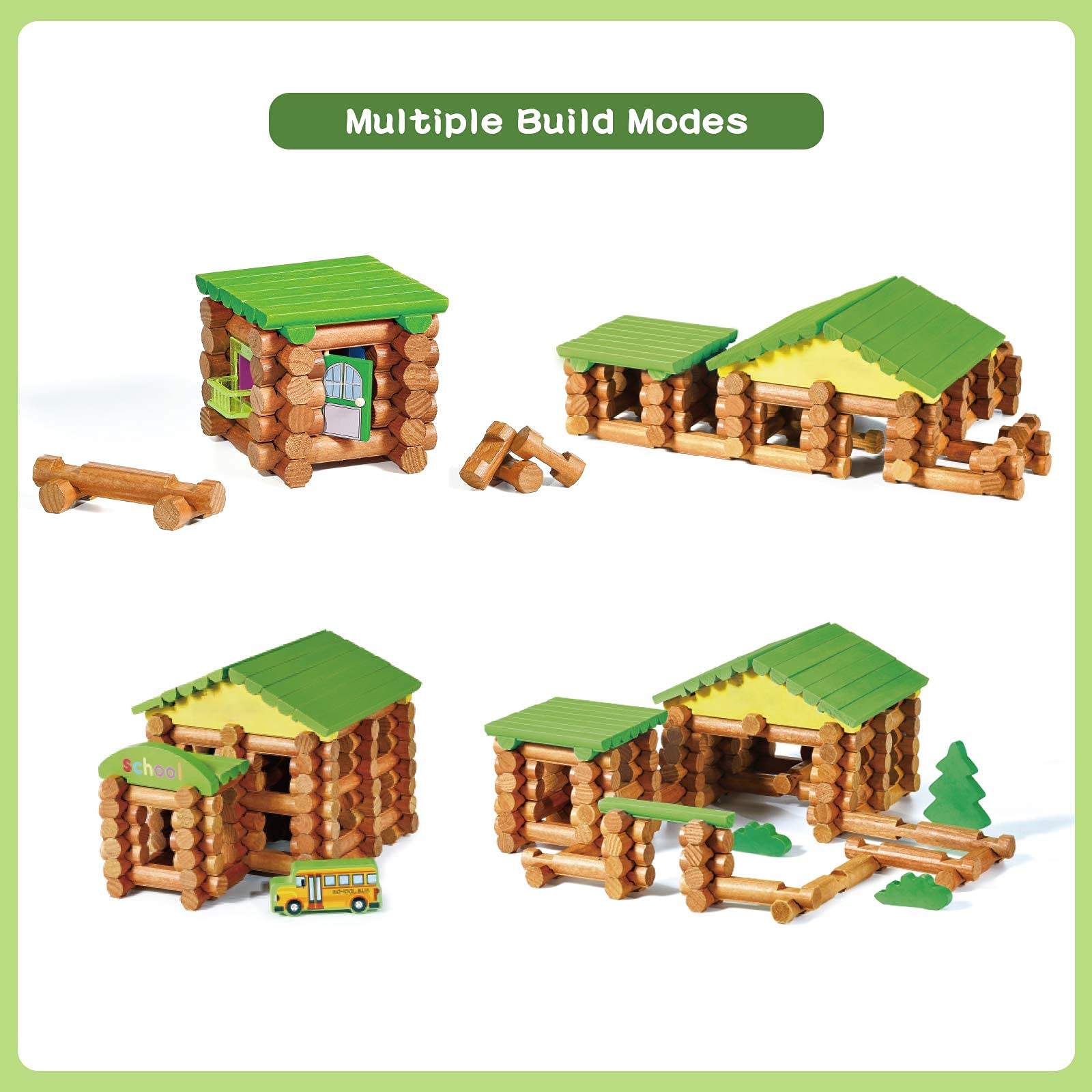 Wondertoys green roof and yellow rooftops add colorful cabin details.