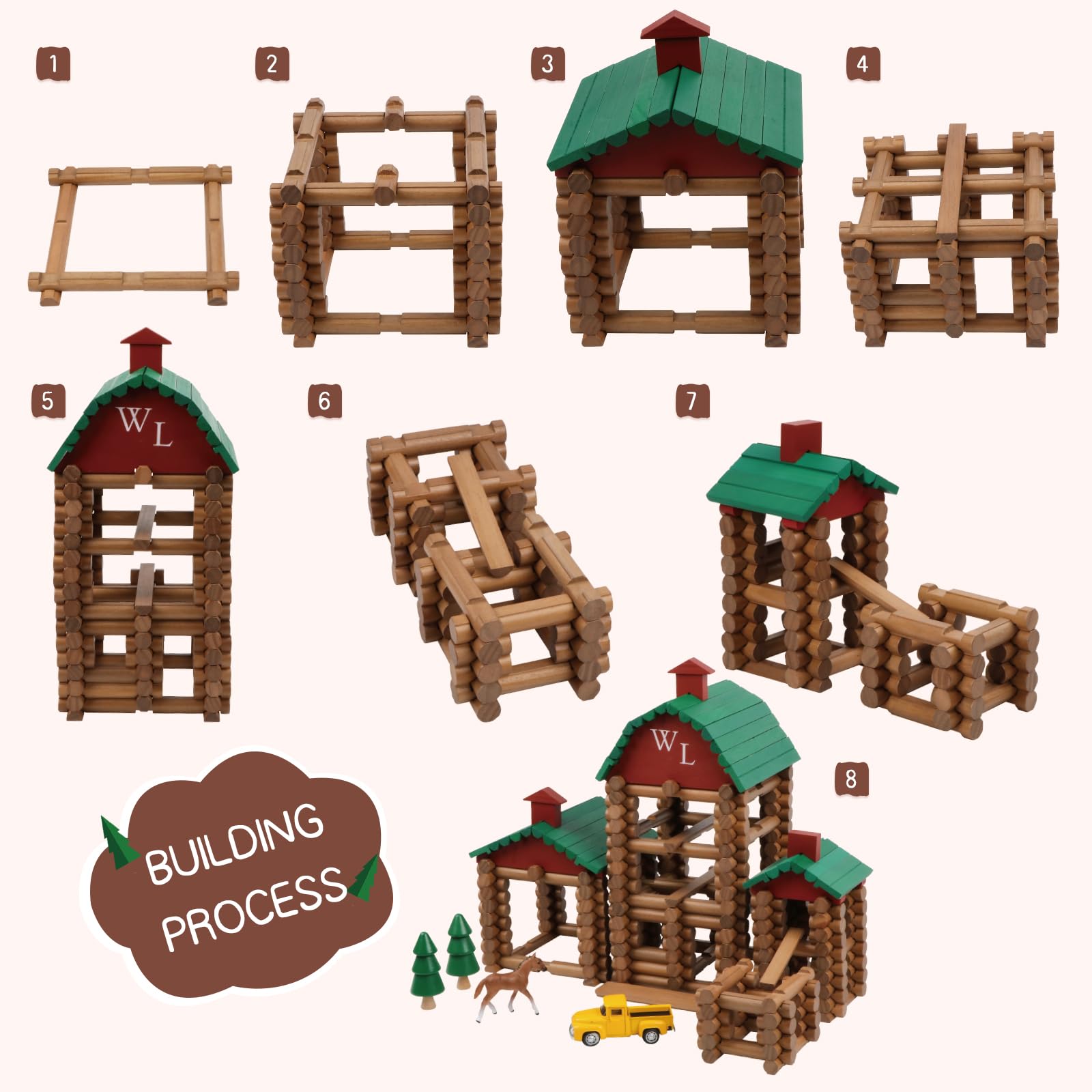 Wondertoys 330pcs set includes a pickup truck, trees, and horse figures for colorful scenes.
