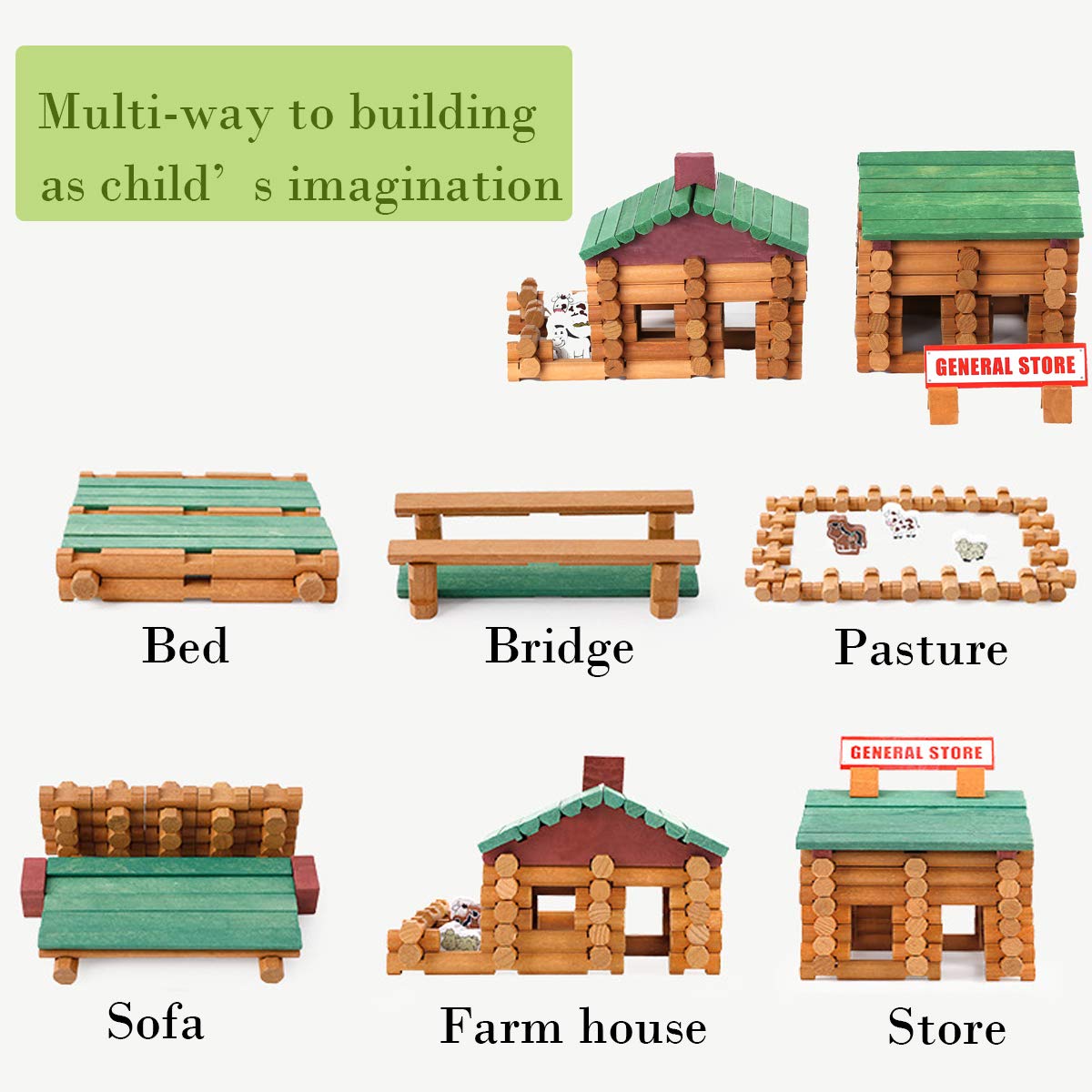 Wondertoys log cabin kit chimney and fence pieces support durable, open-ended play