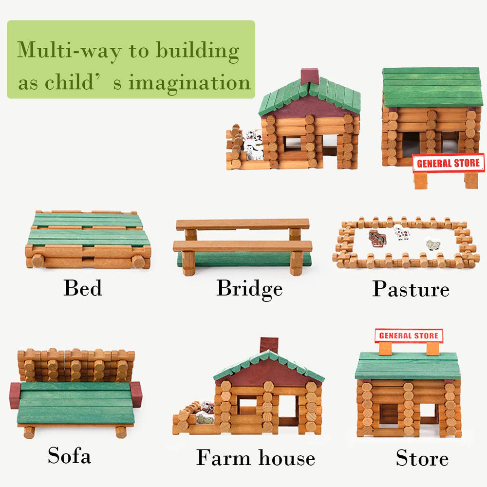 Wondertoys log cabin kit chimney and fence pieces support durable, open-ended play