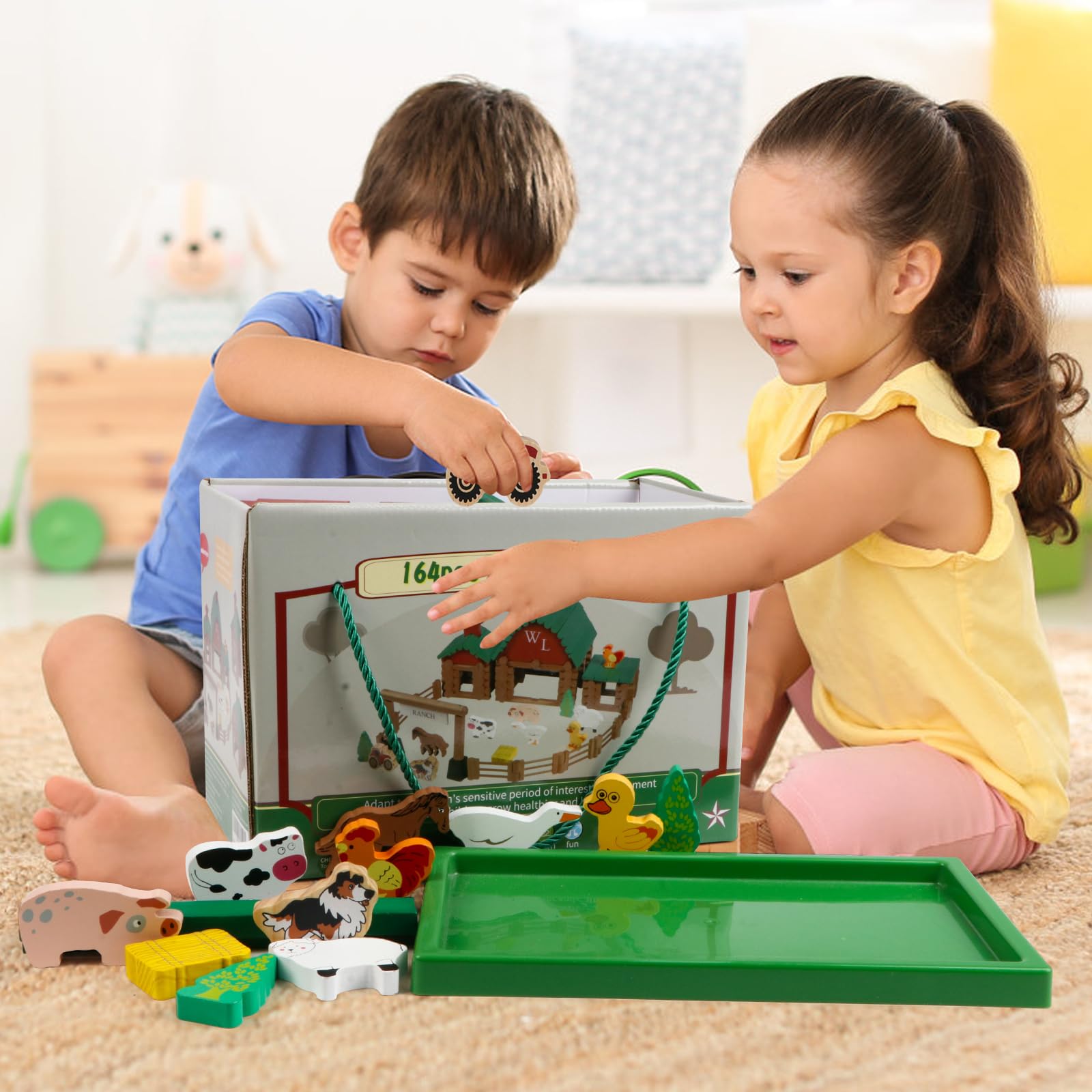 Wondertoys Ranch wooden log set animals in yard for storytelling