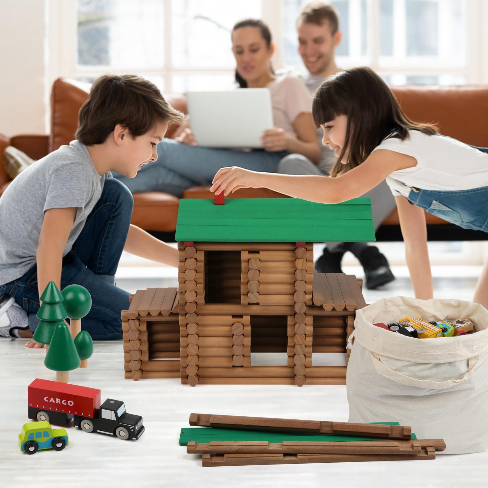 Wondertoys wooden car and figures invite interactive storytelling during builds.