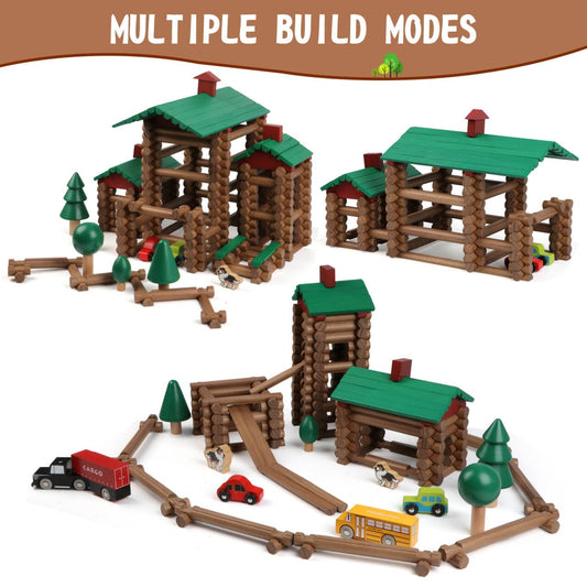 Wondertoys wooden log cabin pieces laid out for modular construction.