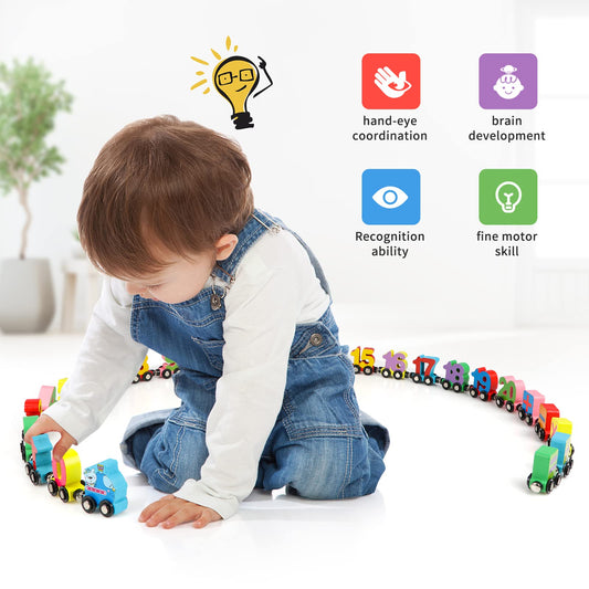 Wondertoys wooden number cars help kids learn counting through hands-on practice.