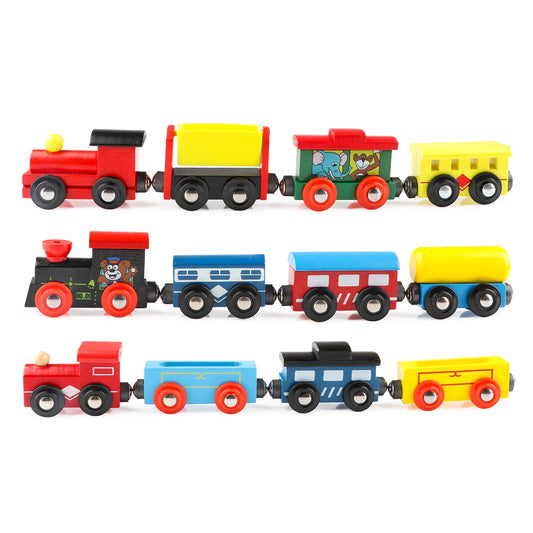 Wondertoys wooden train cars 12-piece set for imaginative play and storytelling.