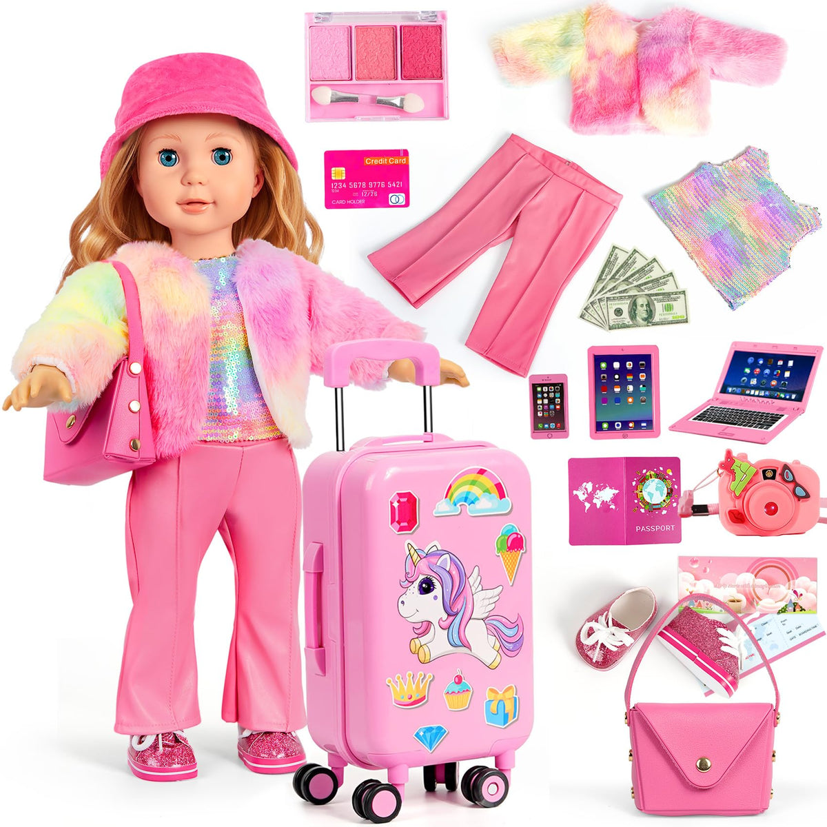 WONDOLL 18-inch travel suitcase with rotating wheels, durable finish for play
