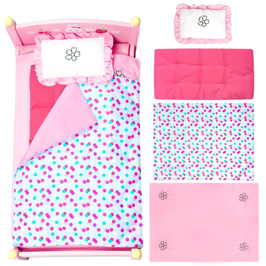 WONDOLL 18-inch doll bedding set with soft comforter for cozy playtime.