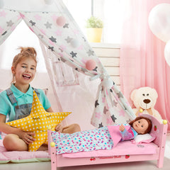 WONDOLL doll bedding on a bed demonstrates easy compatibility.