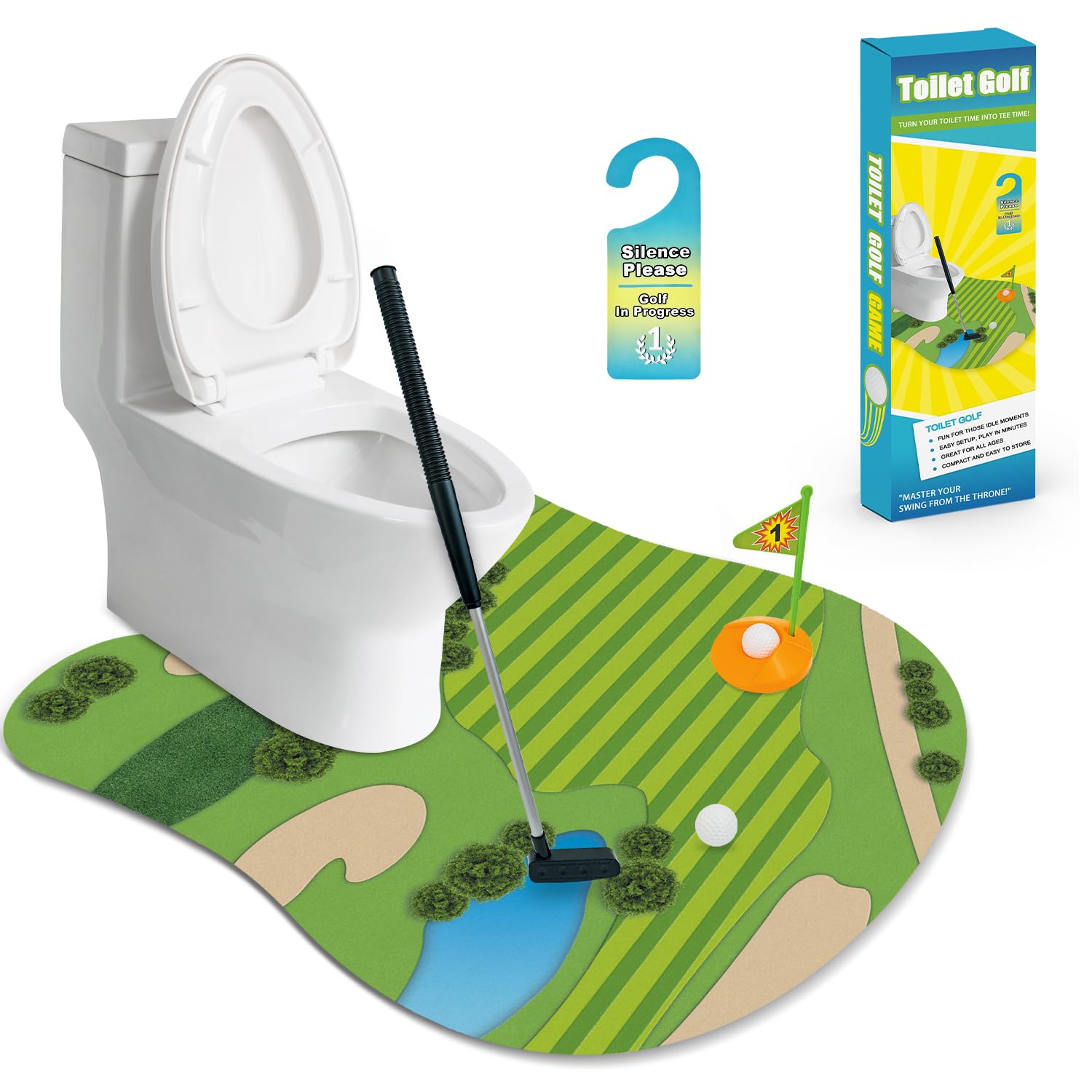 Wondrus toilet golf full set on bathroom counter for laughs