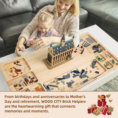 WOOD CITY baseplate table in action for collaborative sensory and block-building sessions.
