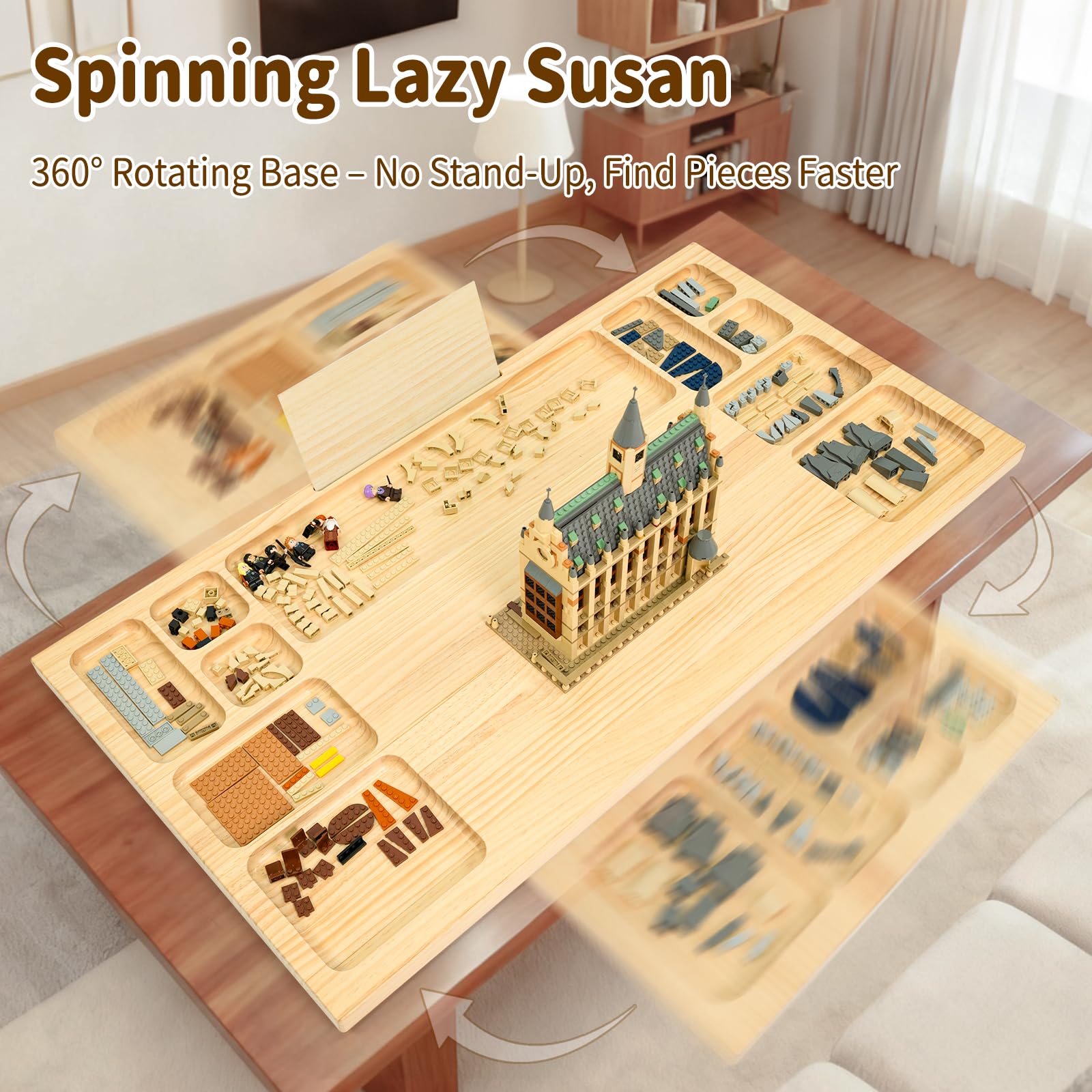 Wood City Baseplate Table trays for organization keep tiny pieces easy to find.