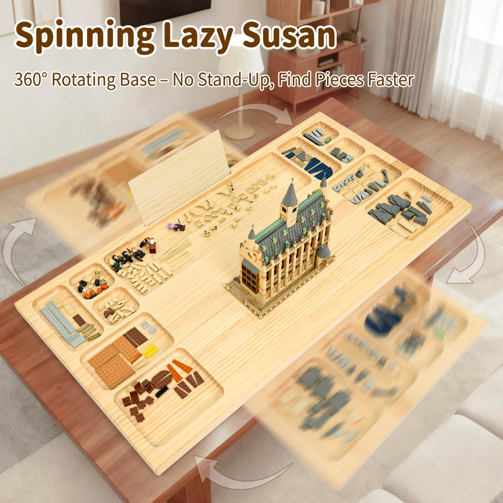Wood City Baseplate Table trays for organization keep tiny pieces easy to find.