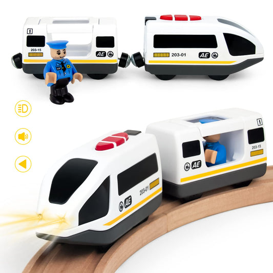 WOOD CITY battery-operated train with front lights for immersive play on the track.