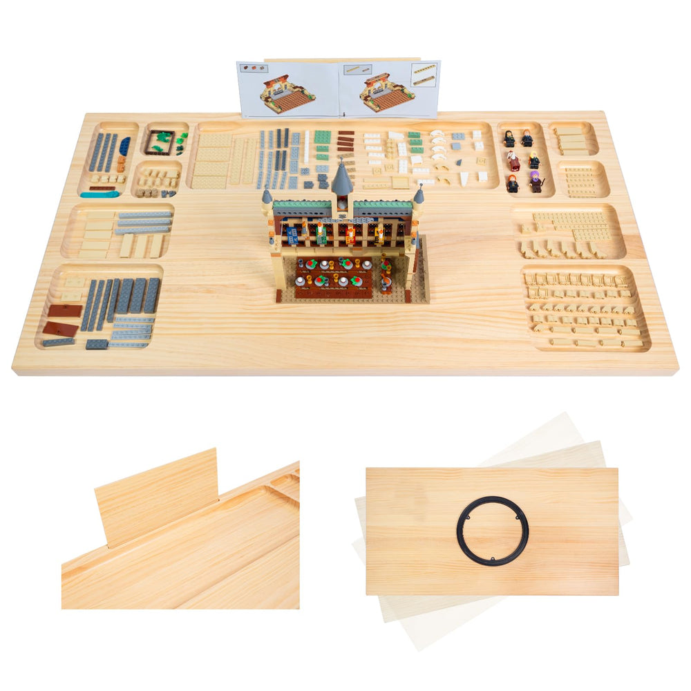 WOOD CITY baseplate table with 11-tray storage for organized Lego projects.