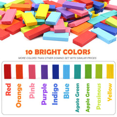 Close-up of vibrant wooden domino tiles from Wood City