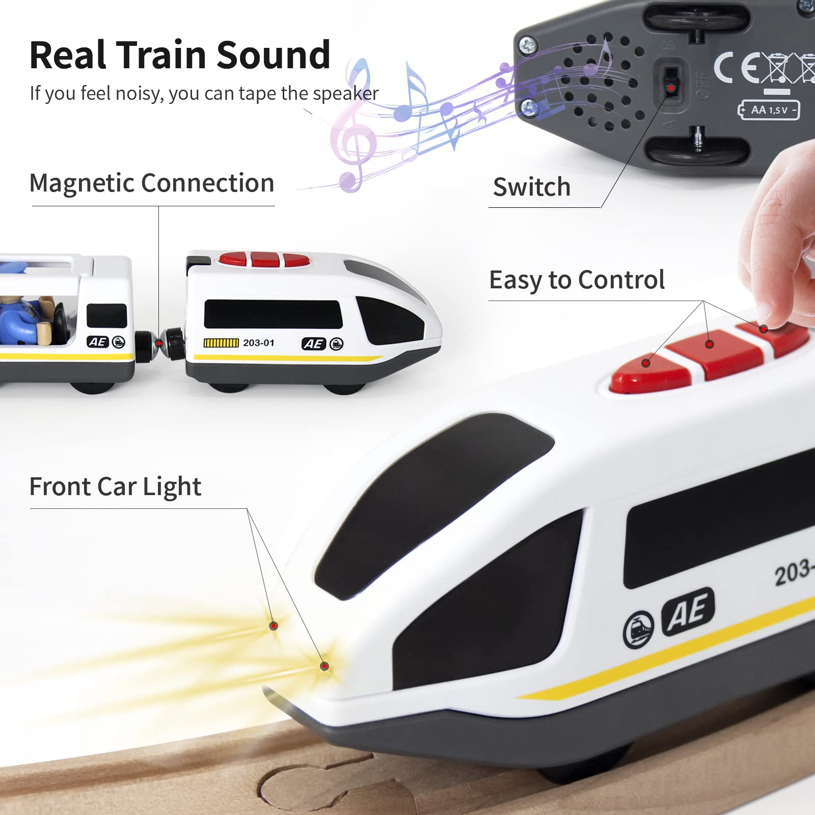 WOOD CITY operator figure on the locomotive enhances interactive storytelling.
