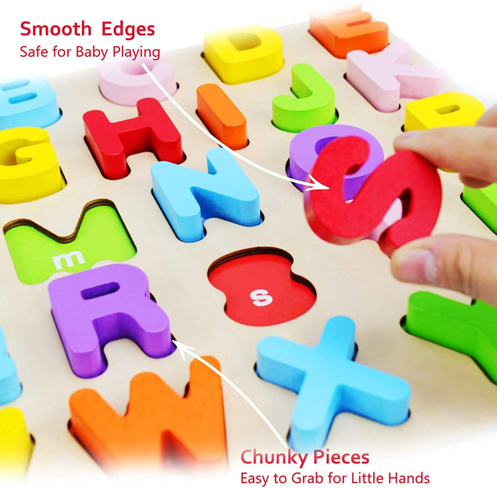 WOOD CITY Alphabet puzzle board invites children to place letters for word-building practice