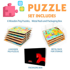 Wood City six themed puzzles neatly displayed on the rack encourage tidy, independent play.