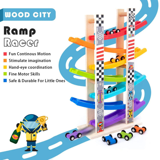 Wood City seven mini cars close-up showing bright, kid-friendly details.