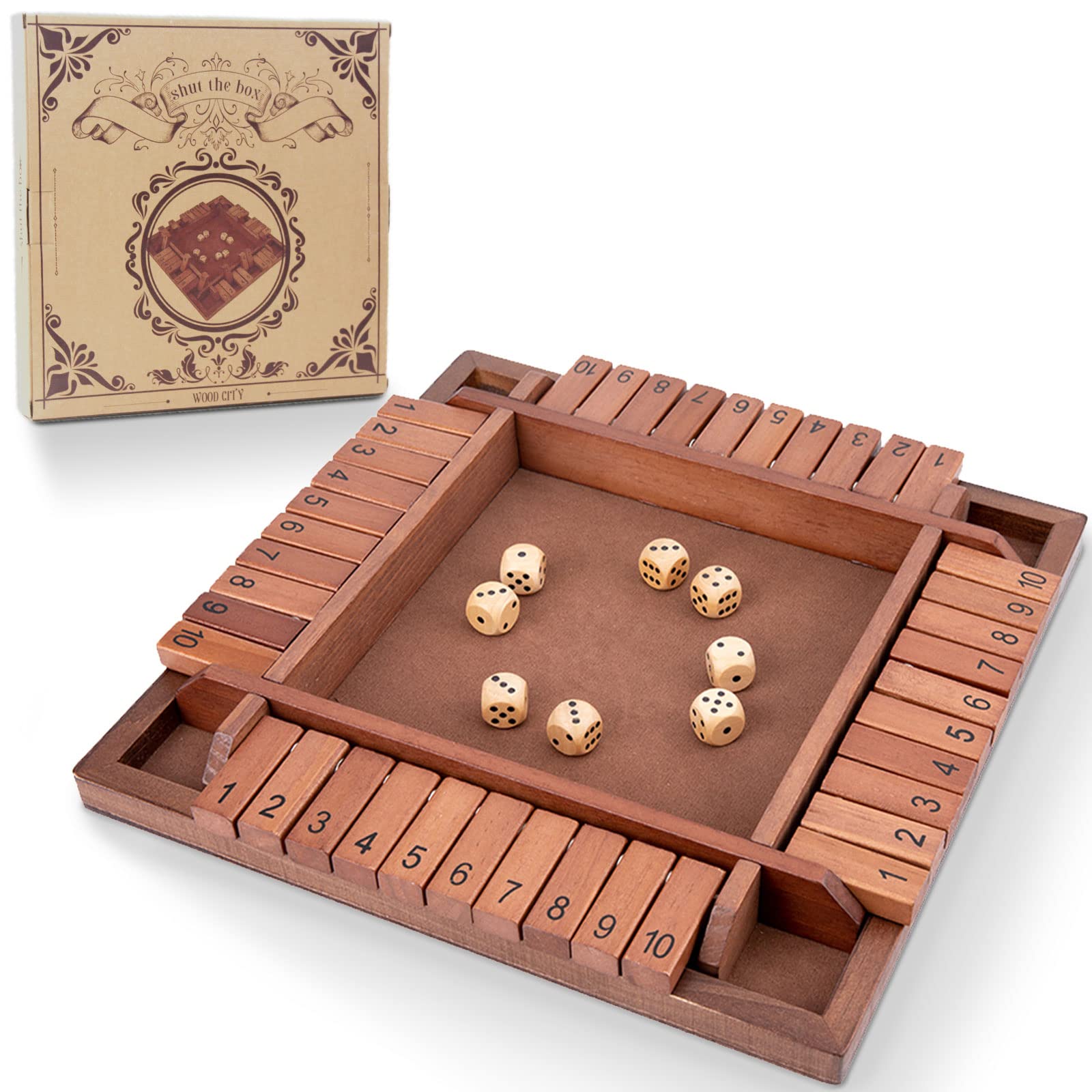 WOOD CITY Shut The Box wooden board, 12-inch size for family game nights.