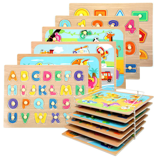 Wood City toddler puzzles on storage rack promote organized play and easy access.