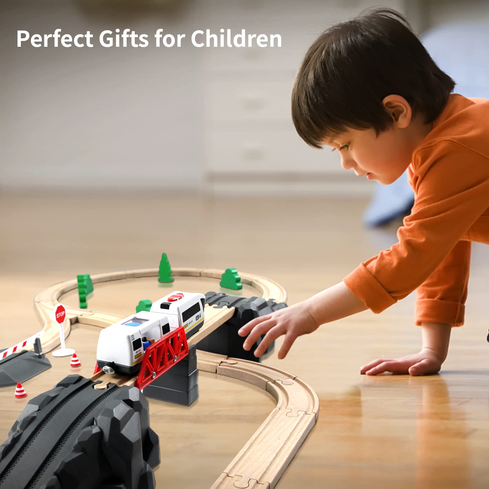 WOOD CITY train car on wooden track for imaginative journeys.