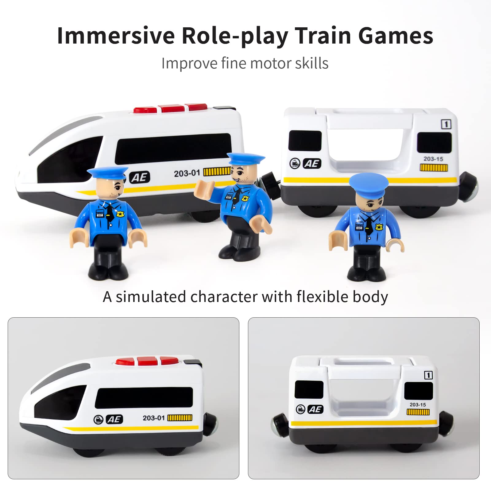 WOOD CITY train climbs hills and bridges with a steady, smooth motion.