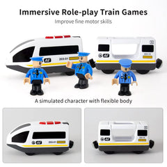 WOOD CITY train climbs hills and bridges with a steady, smooth motion.