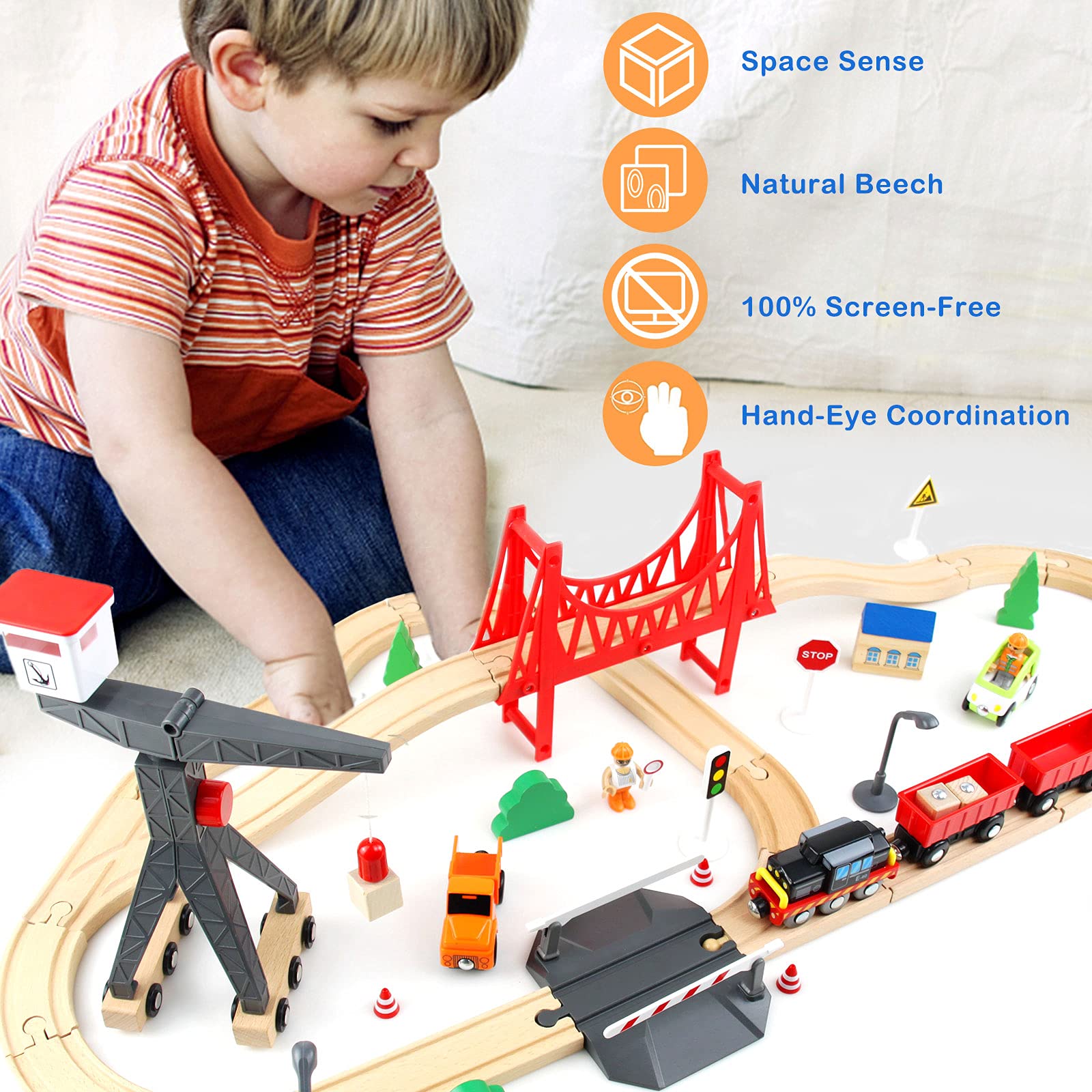 WOOD CITY Wooden Train Set premium beech wood delivers smooth rolling for durability.