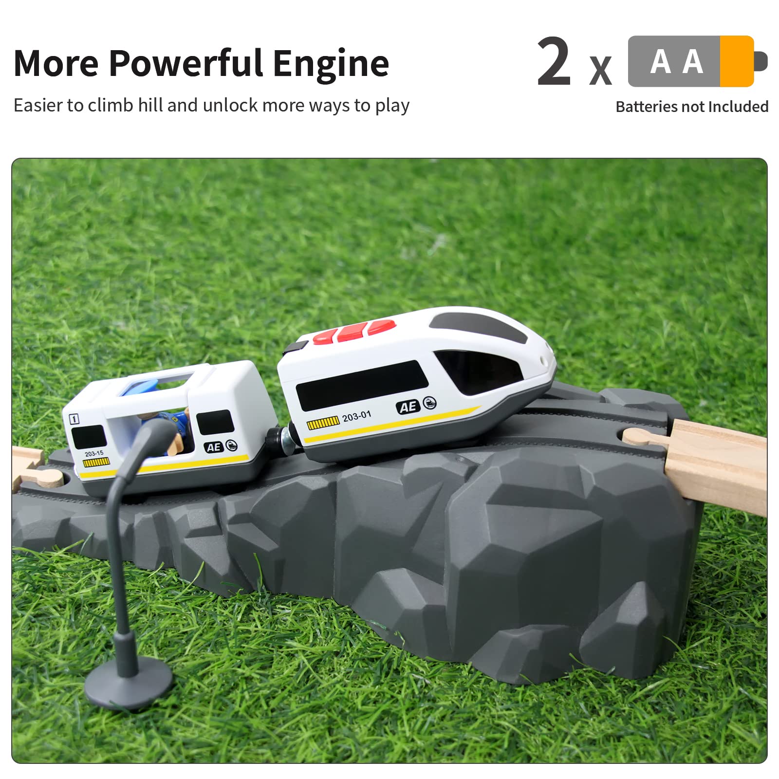 WOOD CITY two-AA battery-powered engine delivers longer playtime.