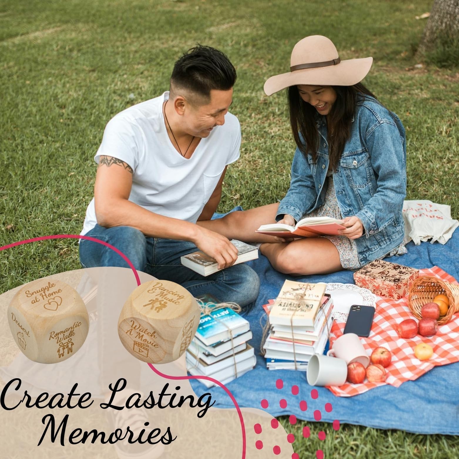 Couple enjoying date night with Wood Enchantments dice set in a warm setting